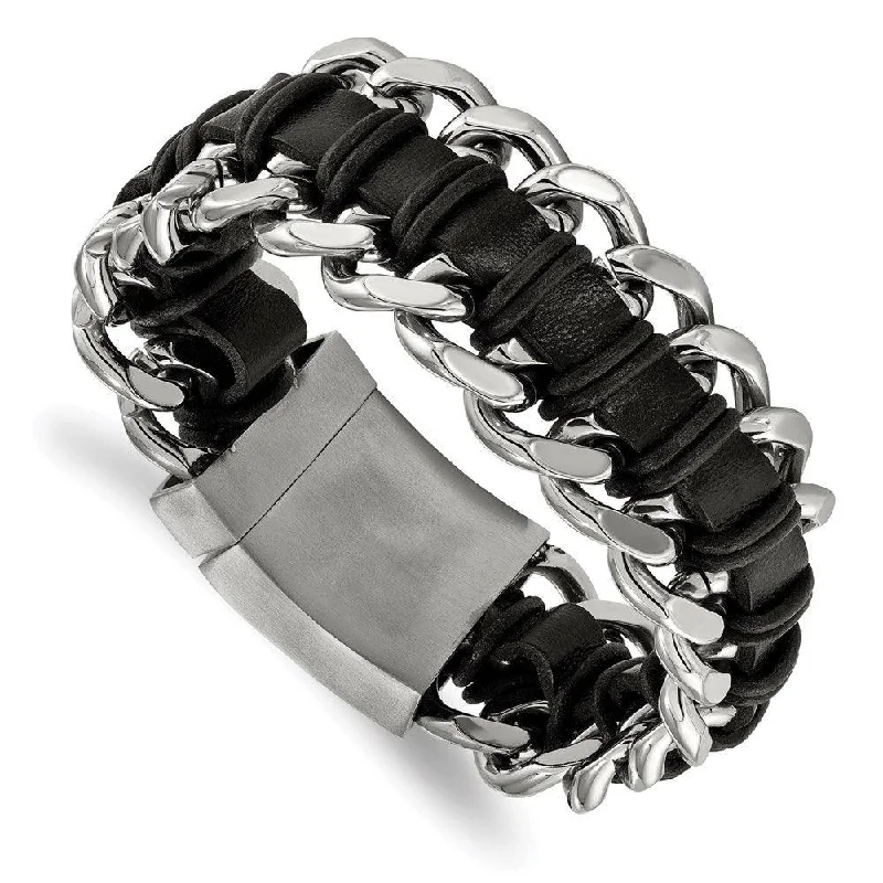 ladies bracelets bangle-Stainless Steel Brushed and Polished Blk Leather Bracelet