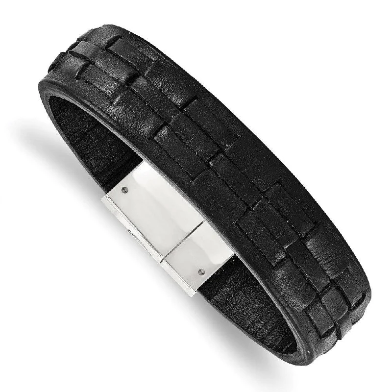 ladies bracelets cuff-Stainless Steel Polished Black Leather Bracelet