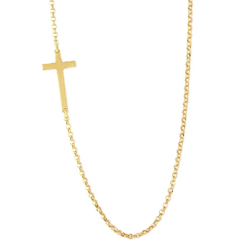 ladies necklaces heavy-Silver 925 Gold Plated Rolo Necklace With Cross - ARN00016GP