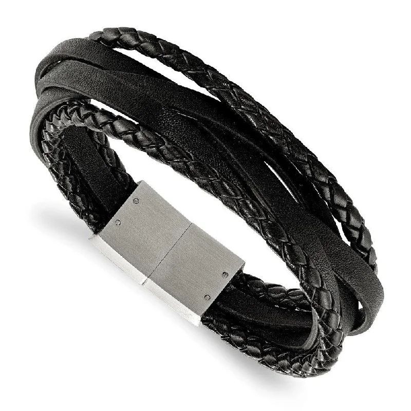 ladies bracelets emerald-Stainless Steel Brushed Black Genuine Leather Braided Multi 8.25in Bracelet