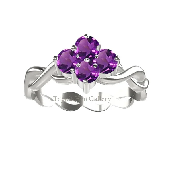 Ladies engagement rings raw diamond -AMETHYST CLUSTER CELTIC TWIST ENGAGEMENT RING IN 9 CT WHITE GOLD