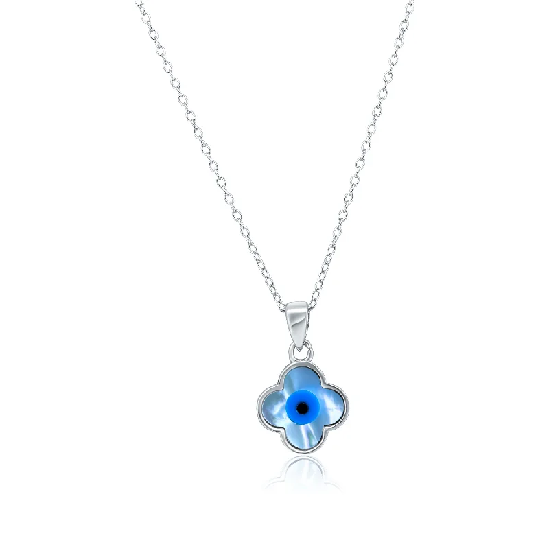 ladies necklaces gift box-Rhodium Plated 925 Sterling Silver Flower Evil Eye Mother of Pearl Necklace - AAP00004