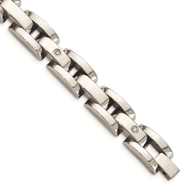 ladies bracelets black-Stainless Steel w/ 14k White Gold Accents & Diamonds 8.5in Bracelet