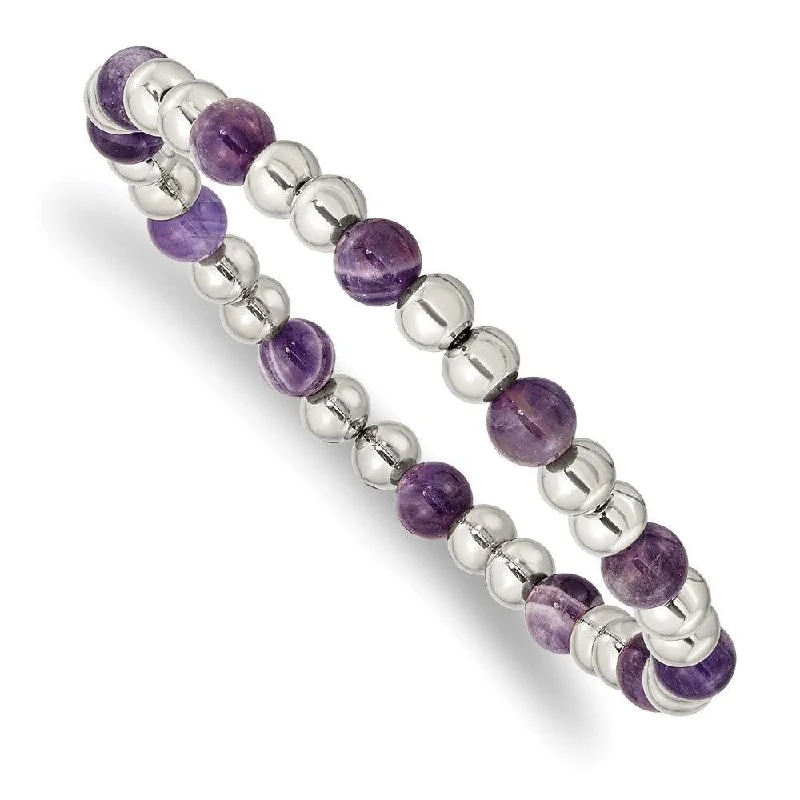 ladies bracelets platinum-Stainless Steel Polished Purple Zebra Amethyst Beaded Stretch Bracelet