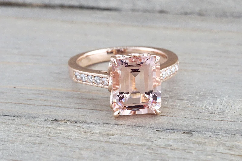 Ladies engagement rings platinum -14k Rose Gold Elongated Emerald Cut Pink Morganite Diamond Engagement