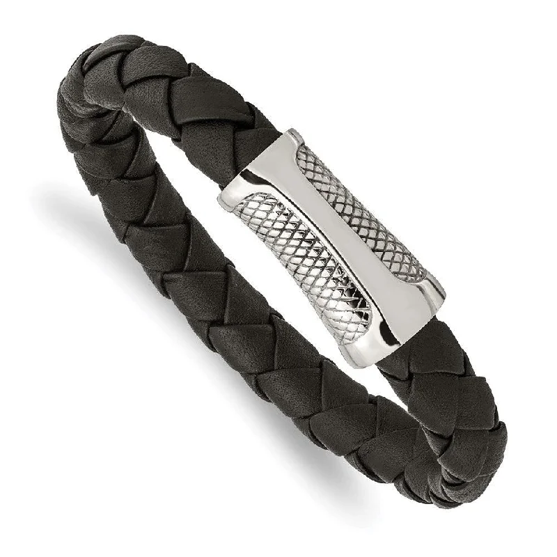 ladies bracelets cleaning-Stainless Steel Polished Black Leather Textured Bracelet