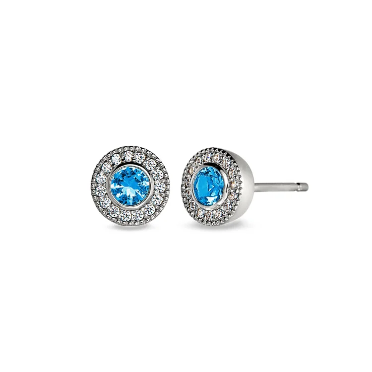 Ladies earrings with birthstone -Platinum Finish Sterling Silver Micropave Round Simulated Blue Topaz Earrings with Simulated Diamonds