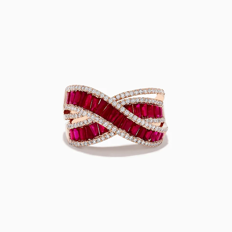 Ladies rings christening gift -Ruby Royale 14K Rose Gold Baguette Cut Ruby and Diamond Crossover Ring