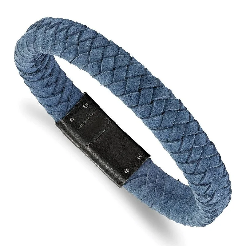 ladies bracelets contemporary-Stainless Steel Brushed Light Blue Leather Braided 8.25in Bracelet