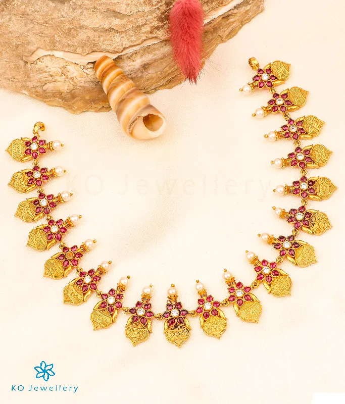 ladies necklaces pearl-The Vidisha Silver Kempu  Necklace