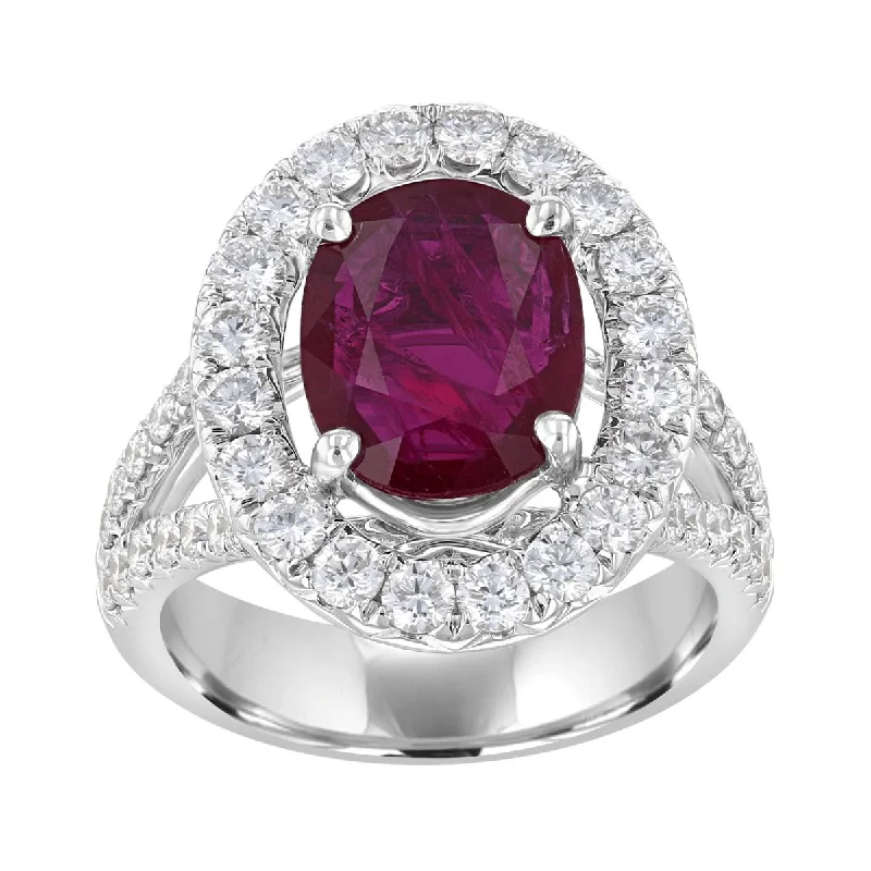 Ladies rings buddhist symbol -18KT GOLD 3.03 CT RUBY & 1.65 CTW DIAMOND OVAL HALO RING