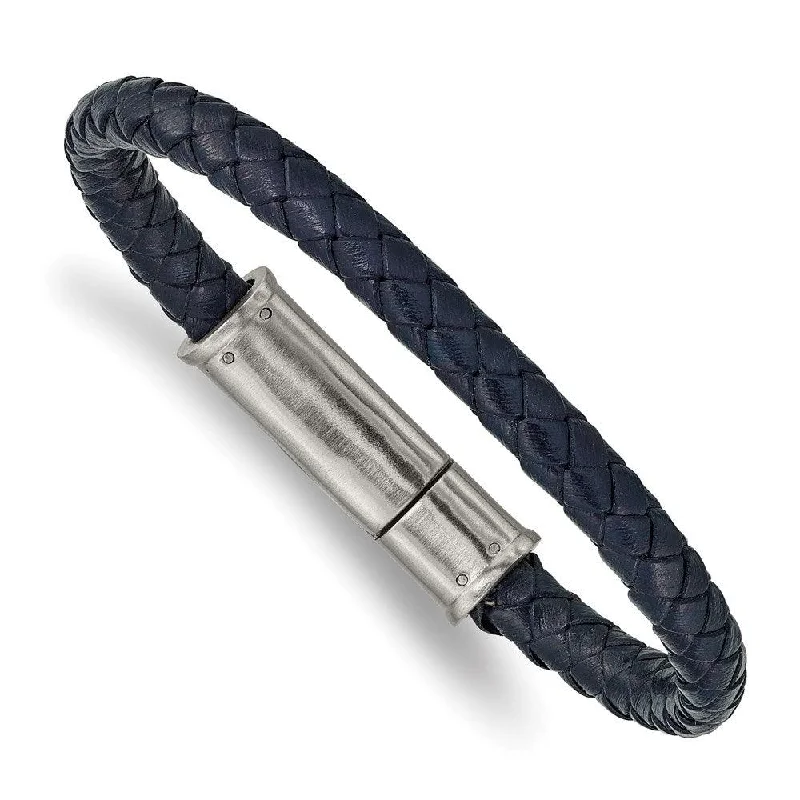 ladies bracelets everyday wear-Stainless Steel Brushed Braided Blue Leather 8.25in Bracelet