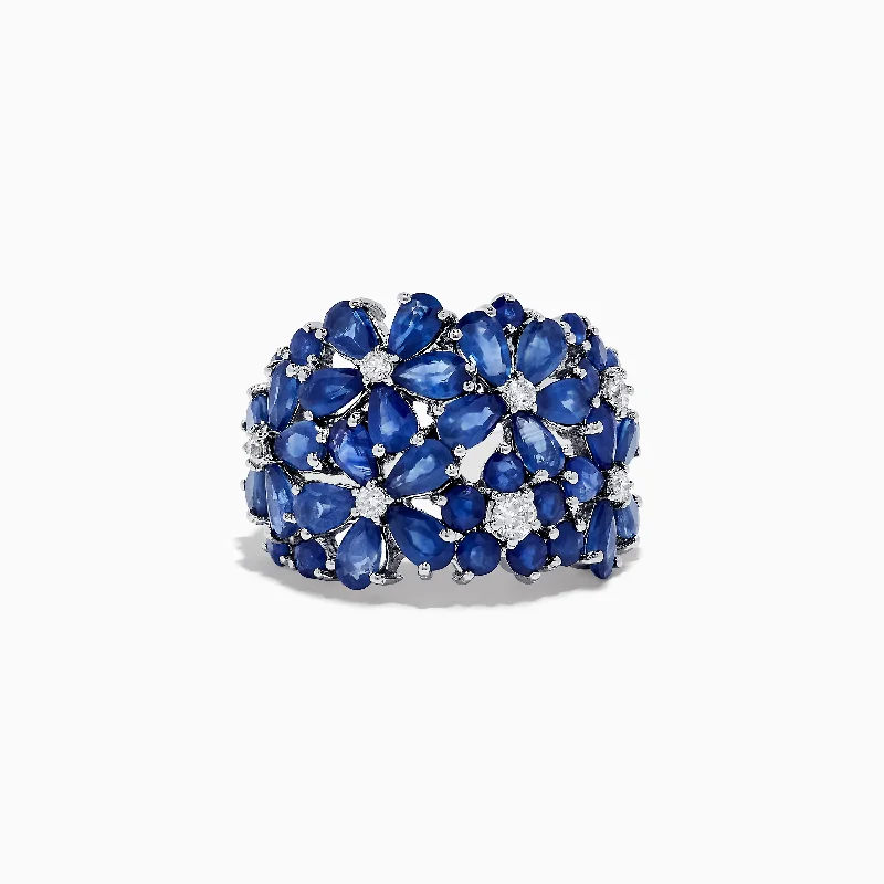 Ladies rings southwestern look -Royale Bleu 14K White Gold Blue Sapphire & Diamond Multi Flower Ring