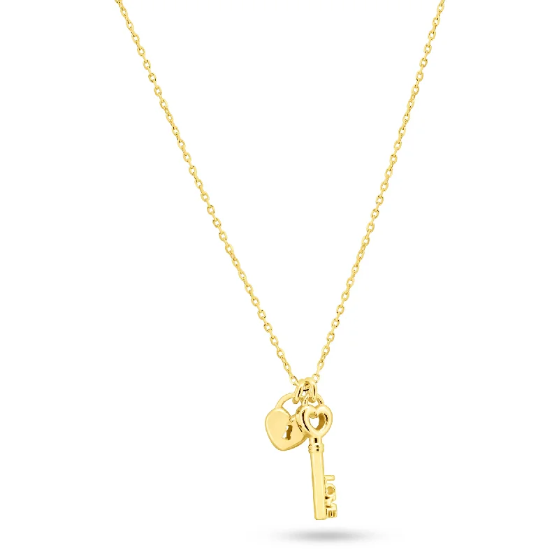 ladies necklaces flashy-Gold Plated 925 Sterling Silver Small Love Key and Heart Lock Necklace - ECN00071GP