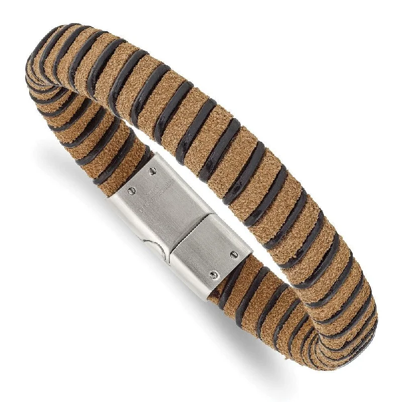 ladies bracelets sentimental-Stainless Steel Brushed Light Brown Suede Black Leather Bracelet