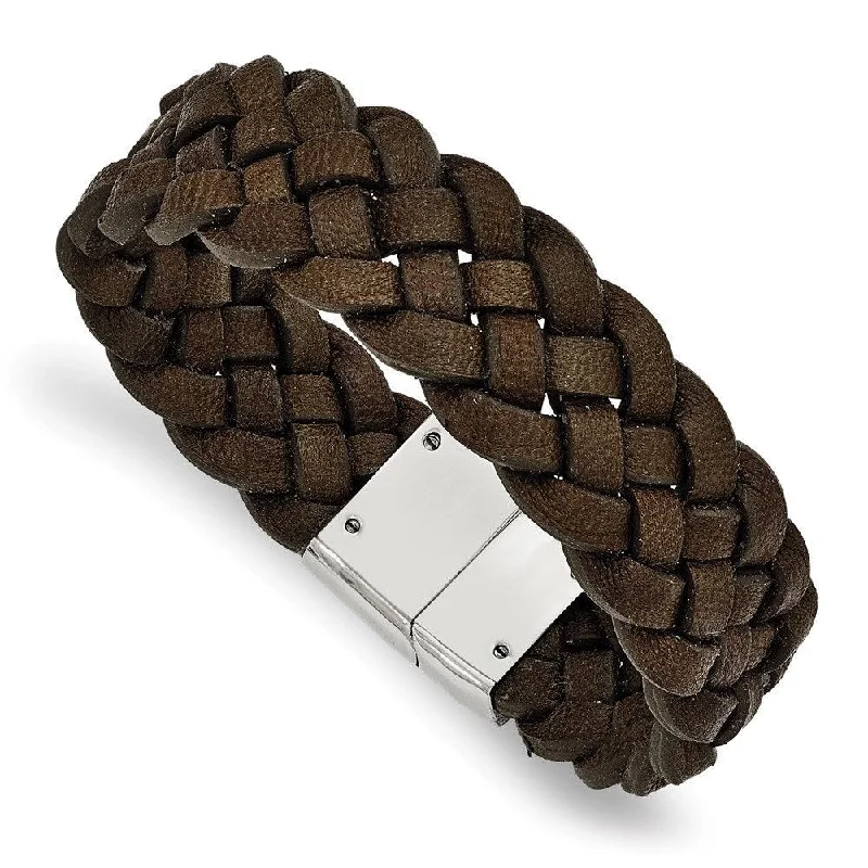 ladies bracelets opal-Stainless Steel Polished Woven Brown Leather Bracelet