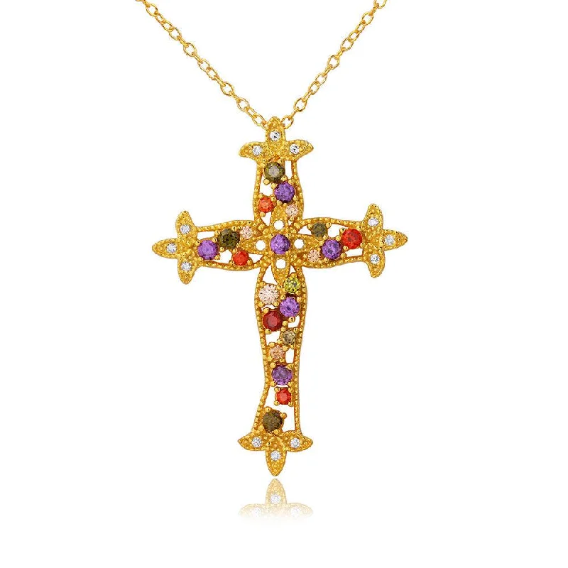 ladies necklaces cultural-Silver 925 Gold Plated Multi Color CZ Cross Necklace - BGP01097