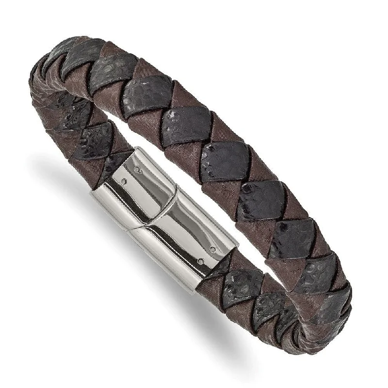 ladies bracelets synthetic-Stainless Steel Polished Black and Brown Textured Leather 8in Bracelet