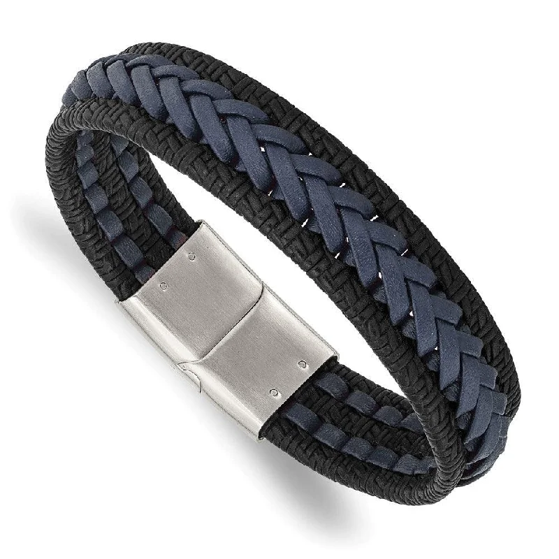 ladies bracelets embossed-Stainless Steel Polished Black/Blue Braided Leather 8.25in Bracelet