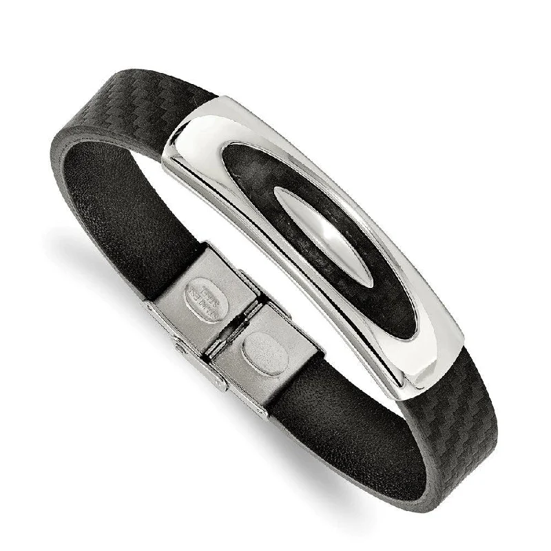 ladies bracelets modern-Stainless Steel Polished Weaved Black Genuine Leather 8 inch Bracelet