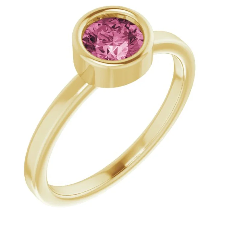 Ladies rings geometric pattern -14K Yellow 5.5 mm Natural Pink Tourmaline Ring