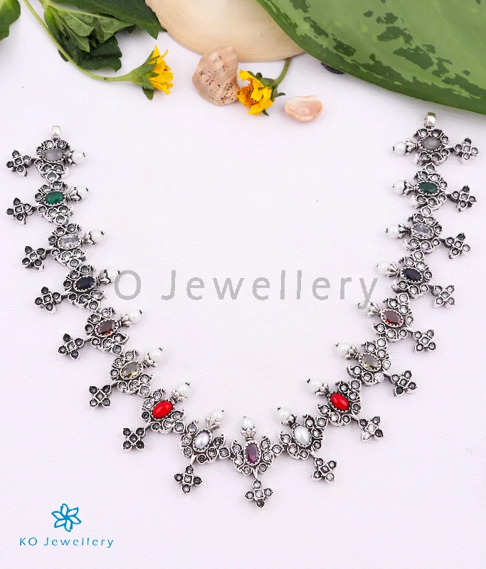 ladies necklaces formal-The Tattva Silver Navratna Necklace (Oxidised)