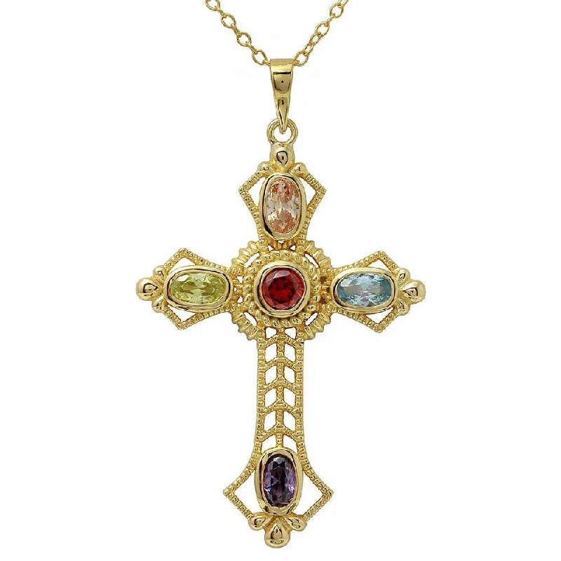 ladies necklaces long lasting-Gold Plated 925 Sterling Silver Multi Color CZ Cross Necklace - BGP01134