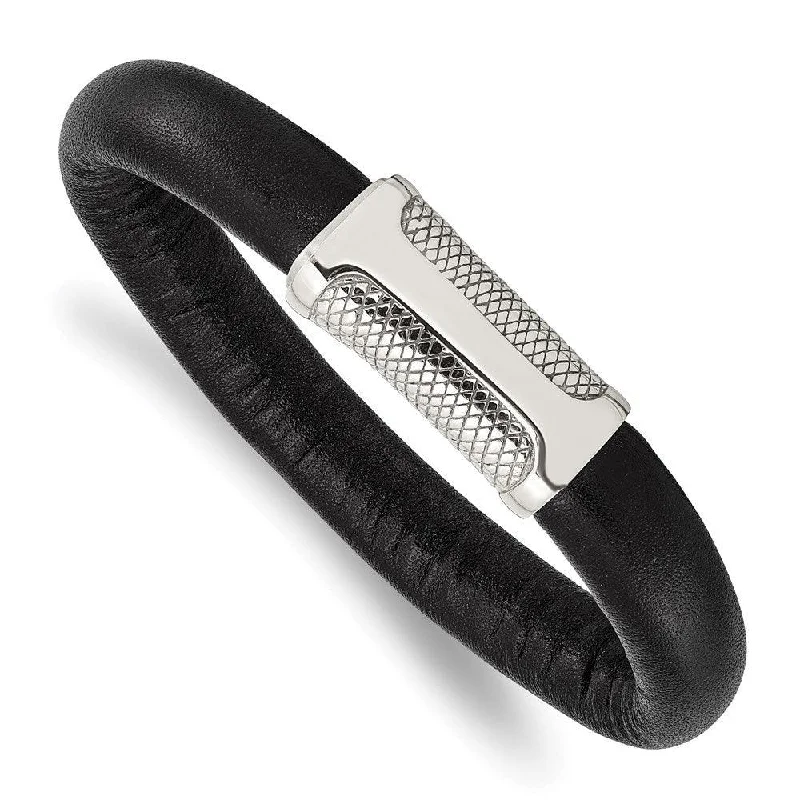 ladies bracelets jared-Stainless Steel Black Leather & Textured 8.5in Bracelet