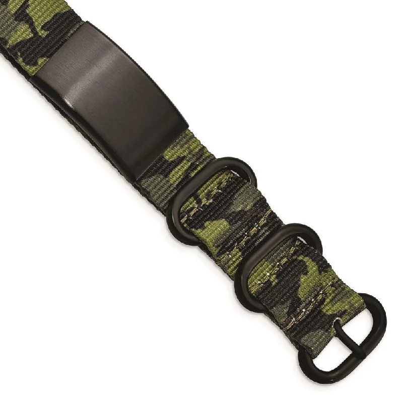 ladies bracelets daily-Stainless Steel Brushed Blk IP Green Camo Fabric Adjustable ID Bracelet