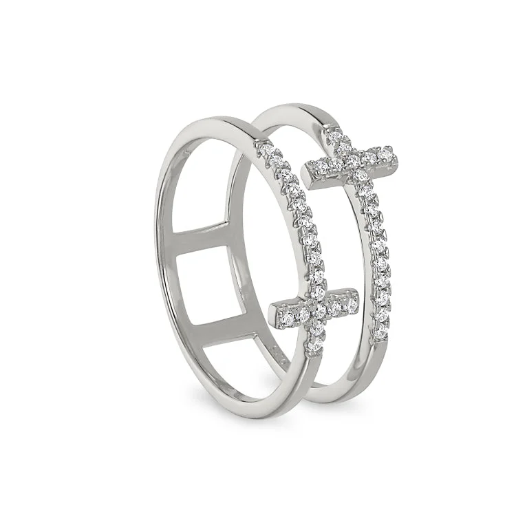 Ladies rings chinese knot -Platinum Finish Sterling Silver Micropave Double Cross Ring with Simulated Diamonds