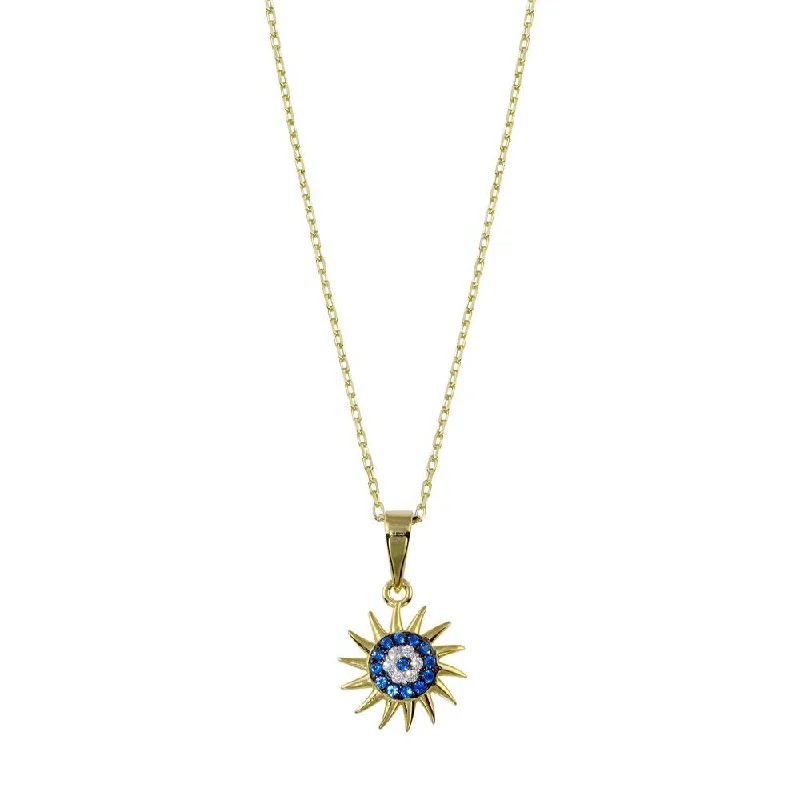 ladies necklaces meaningful-Gold Plated 925 Sterling Silver Clear Blue CZ Sun Evil Eye Necklace - BGP01401