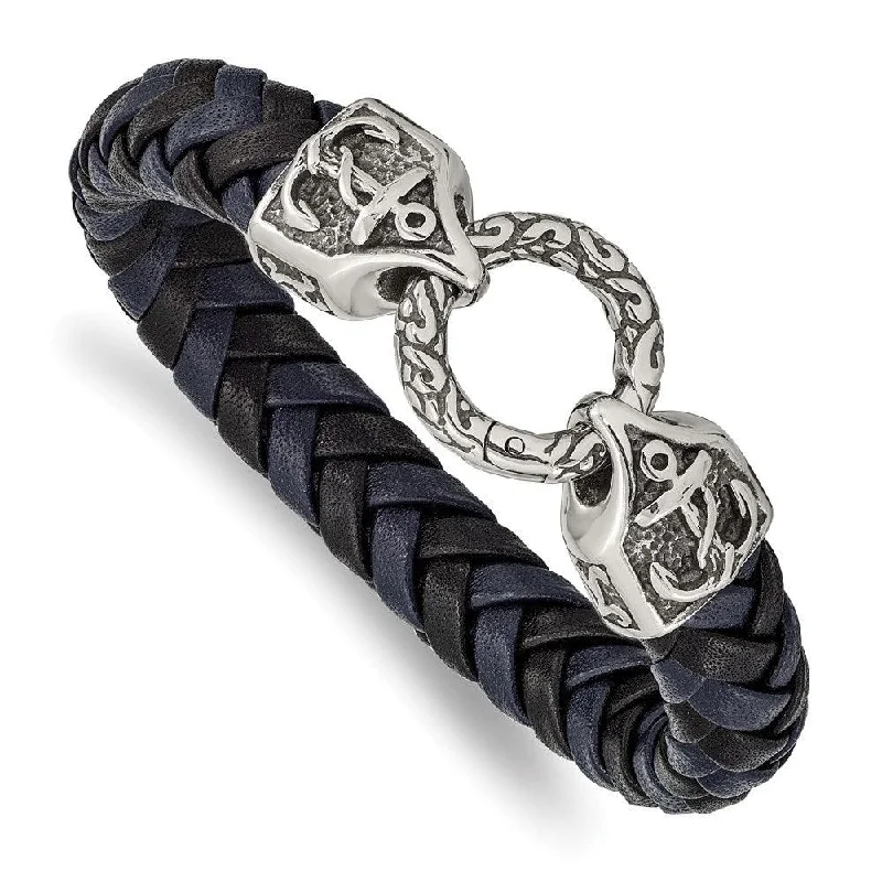 ladies bracelets formal-Stainless Steel Antiqued and Polished Black/Blue Leather 8.25in Bracelet