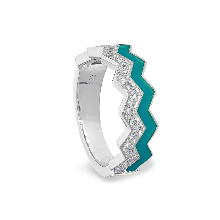 Ladies rings handmade artisan -Platinum Finish Sterling Silver Micropave Ring with with Turquoise Enamel and Simulated Diamondss