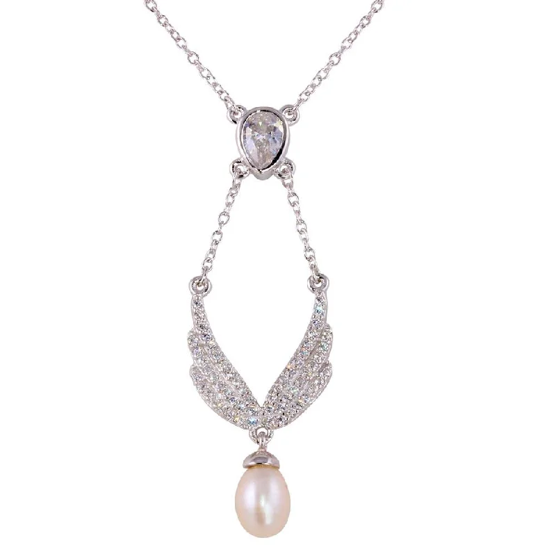 ladies necklaces matte-Rhodium Plated 925 Sterling Silver Wings Necklace with CZ and Synthetic Pearl - BGP01275