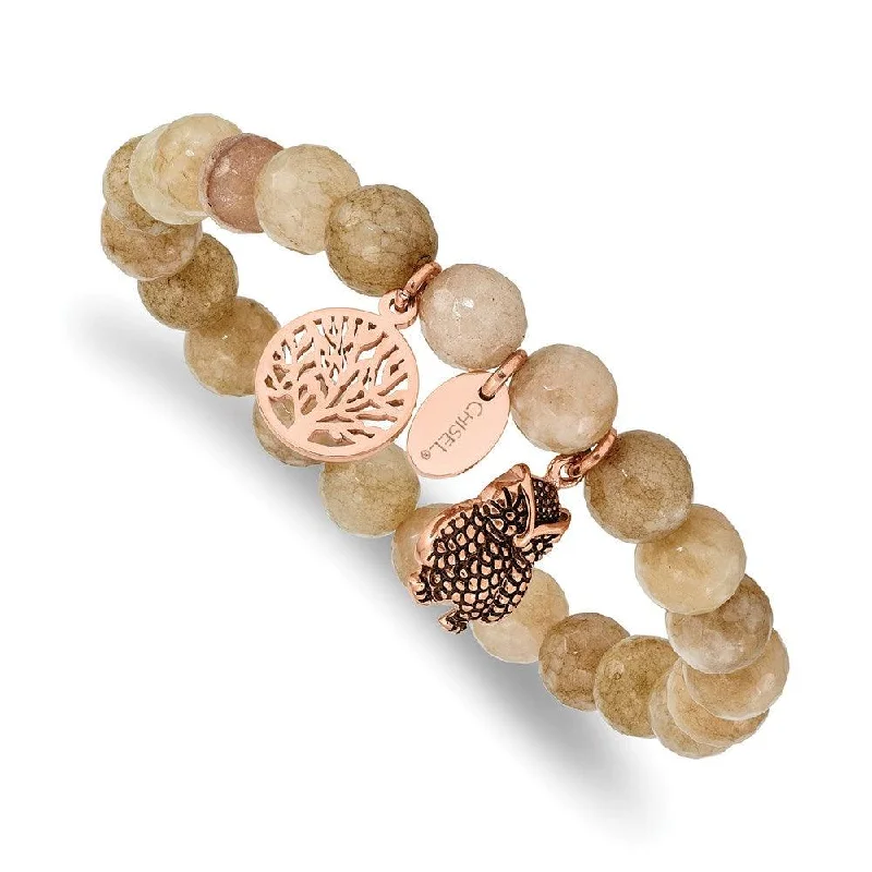 ladies bracelets surprise-Stainless Steel Antiqued & Polished Rose IP Owl Taupe Dyed Jade Bracelet