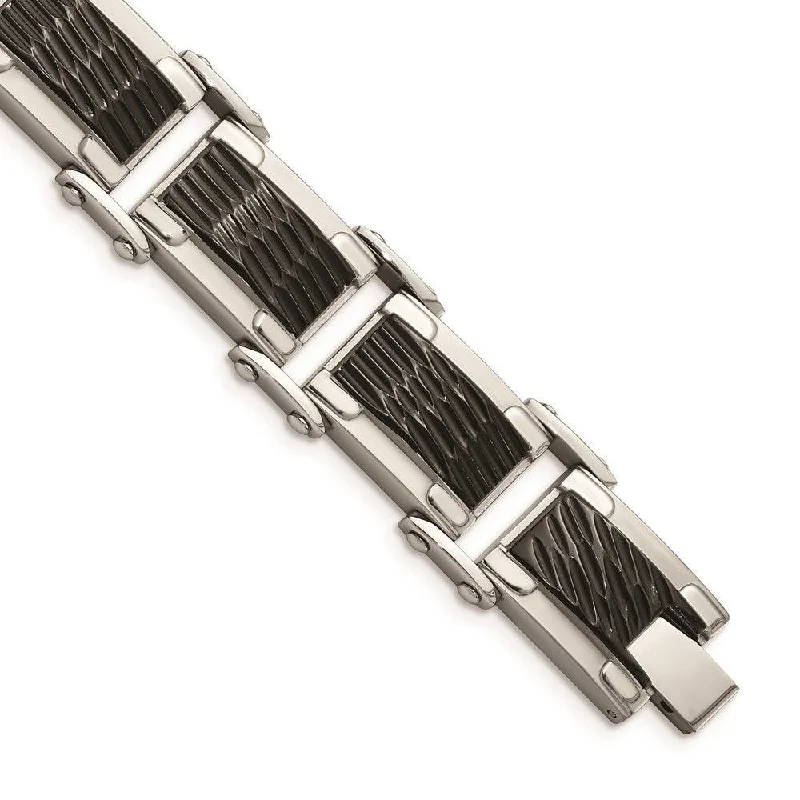 ladies bracelets limited edition-Stainless Steel Black-plated & Textured 9in Bracelet