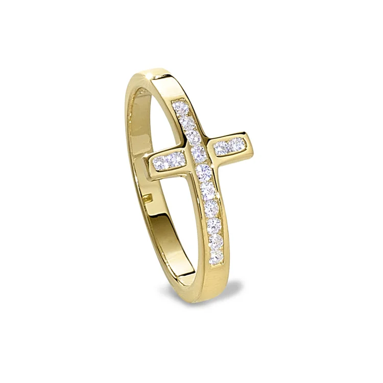 Ladies rings rose gold -Gold Finish Sterling Silver Micropave Cross Ring with Simulated Diamonds - size 5