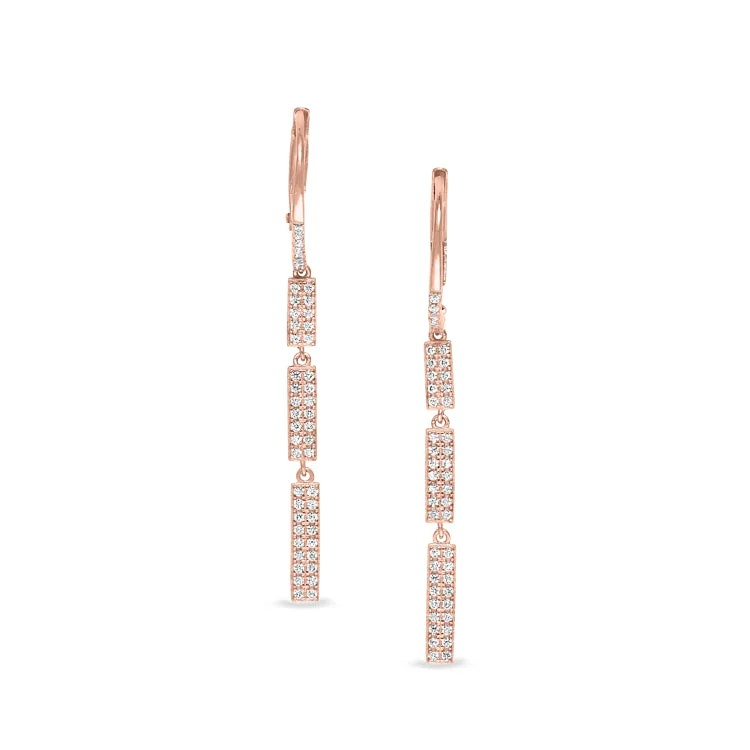 Ladies earrings leather accent -Rose Gold Finish Sterling Silver Micropave Three Bar Drop Earrings with Simulated Diamonds