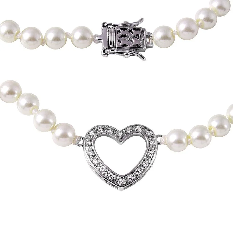 ladies necklaces monochrome-Silver 925 Rhodium Plated Open Heart Pearl Necklace - BGP00497