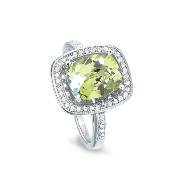 Ladies rings heart shaped -Platinum Finish Sterling Silver Micropave Ring with Simulated Peridot and Simulated Diamonds