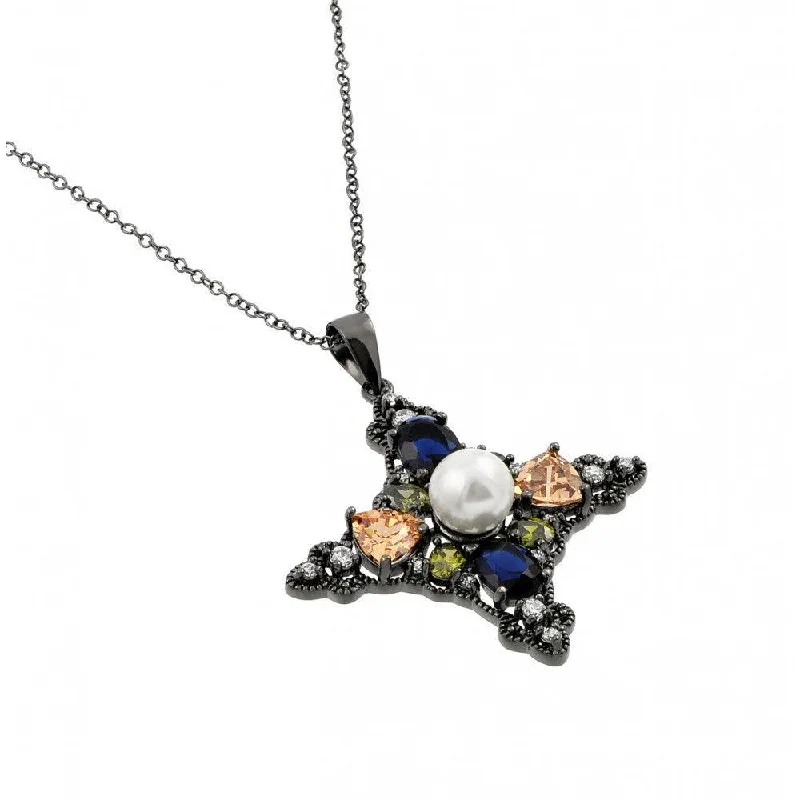 ladies necklaces glamorous-Silver 925 Black Rhodium Plated Multi-Color CZ Stones and Pearl Pendant Necklace - BGP00930