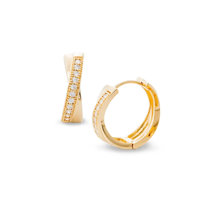 Ladies earrings patriotic style -Gold Finish Sterling Silver Micropave Criss Cross Huggie Earrings with Simulated Diamonds