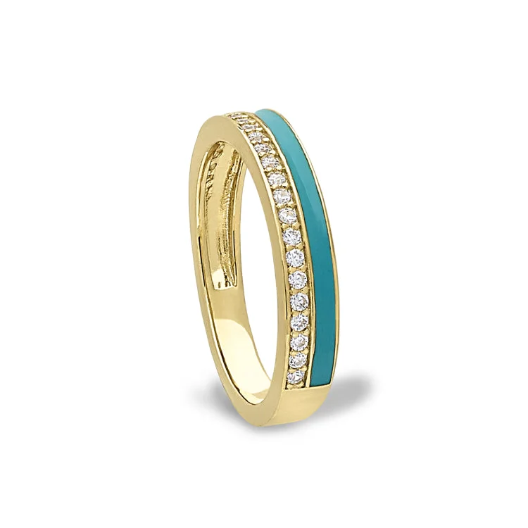 Ladies rings chakra inspired -Gold Vermeil Sterling Silver Micropave Ring with with Turquoise Enamel and Simulated Diamondss