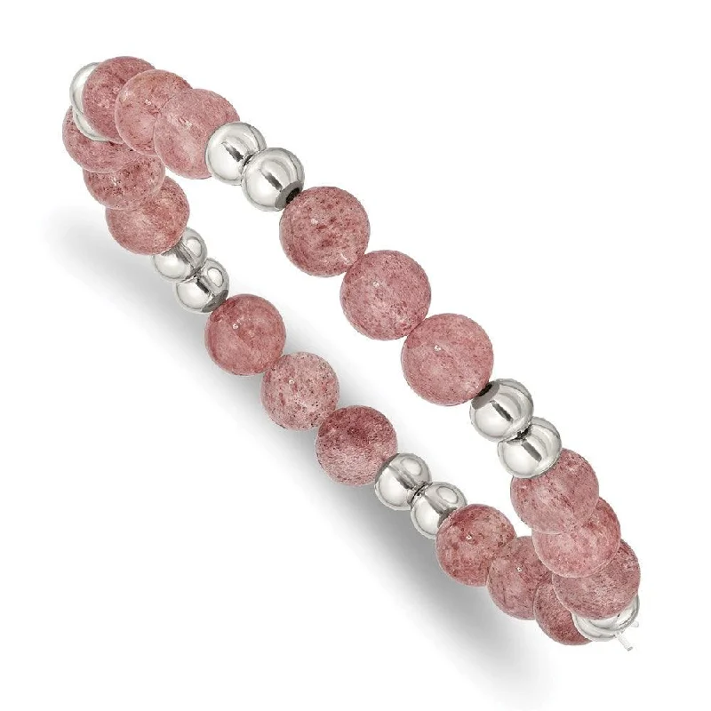 ladies bracelets stores-Stainless Steel Polished Strawberry Quartz Beaded Stretch Bracelet