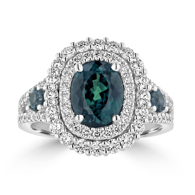 Ladies rings chinese knot -JULEVE 18K WHITE GOLD 2.40 CT ALEXANDRITE, COLOR CHANGING GARNET, & DIAMOND HALO RING