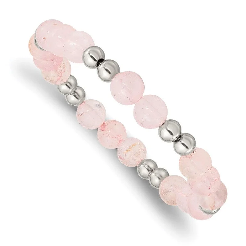 ladies bracelets two tone-Stainless Steel Polished Pink Quartz Beaded Stretch Bracelet