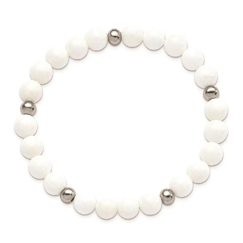 ladies bracelets shimmering-Stainless Steel Polished White Ceramic Beaded Stretch Bracelet