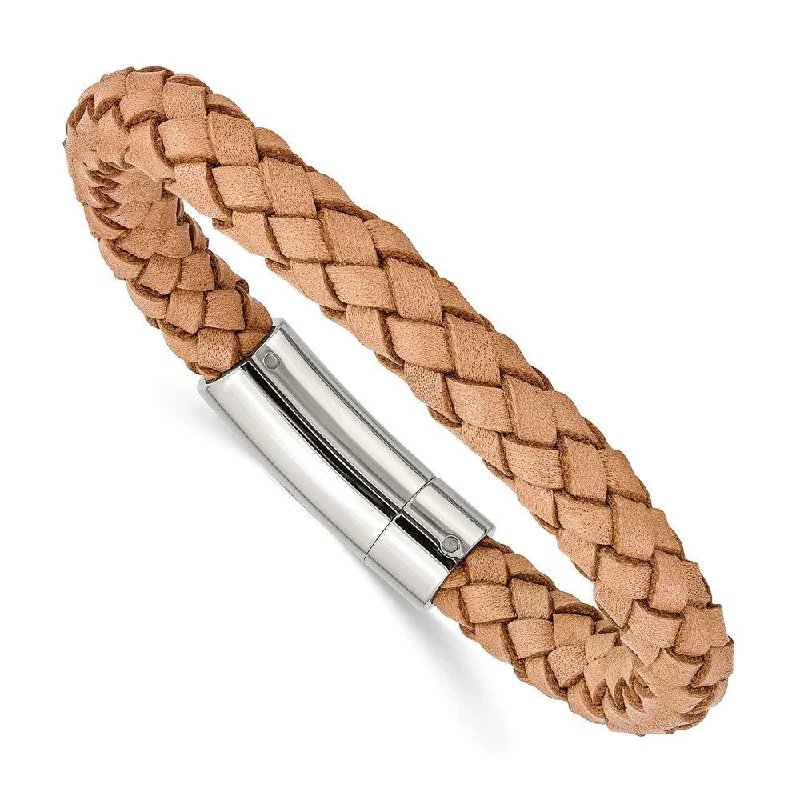 ladies bracelets gothic-Stainless Steel Light Tan Leather 8.5in Bracelet