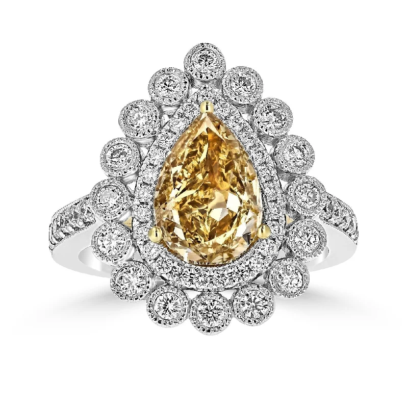 Ladies rings classic elegance -JULEVE 18KT FANCY BROWN-YELLOW PEAR SHAPE DIAMOND DOUBLE HALO RING