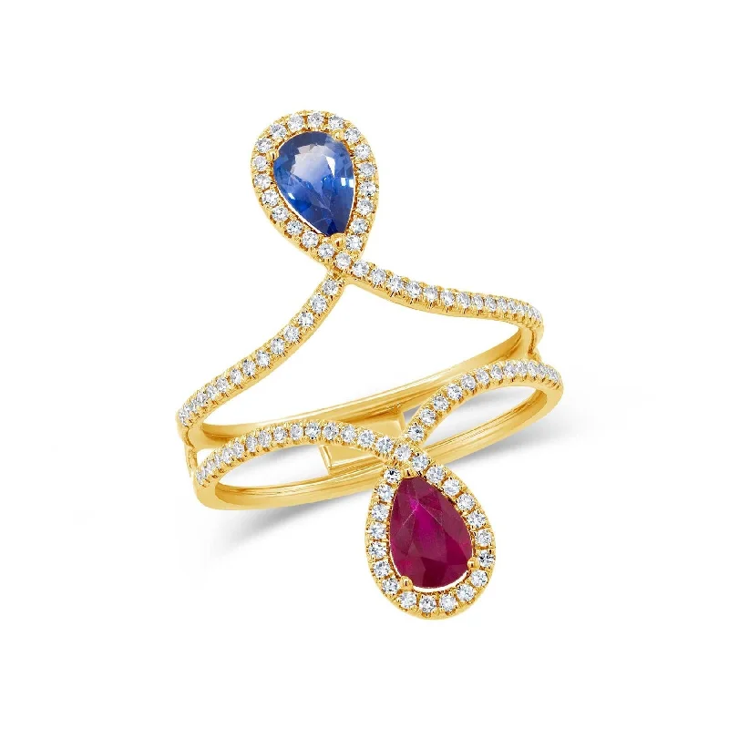 Ladies rings sci-fi theme -14KT GOLD 0.30 CTW DIAMOND & 0.99 CTW RUBY & BLUE SAPPHIRE RING